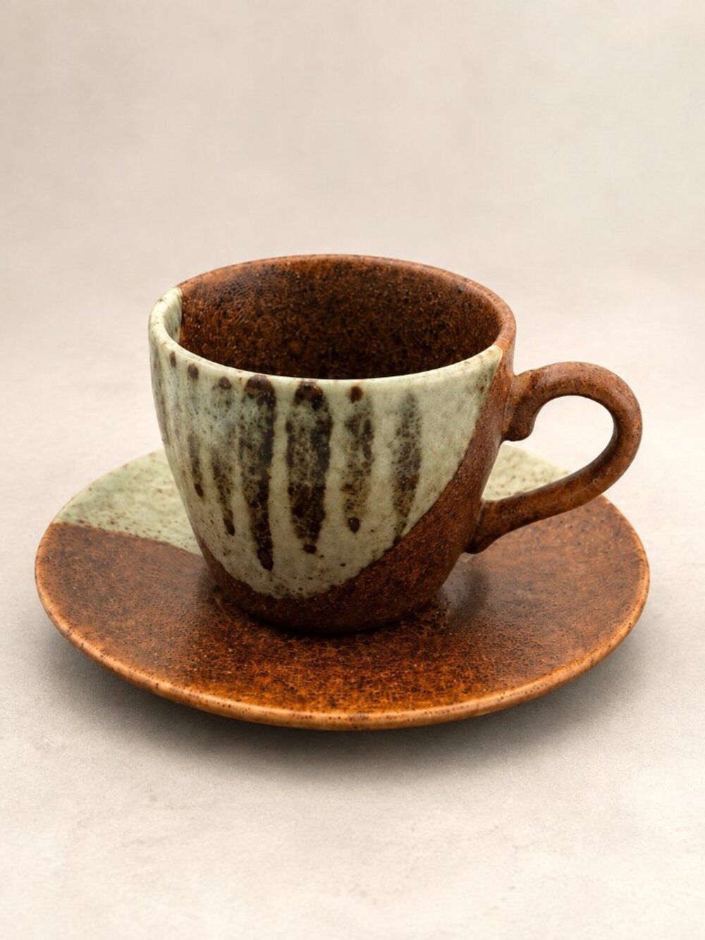 Studio Pottery Espresso Cup & Saucer Brown Sage Drip Glaze